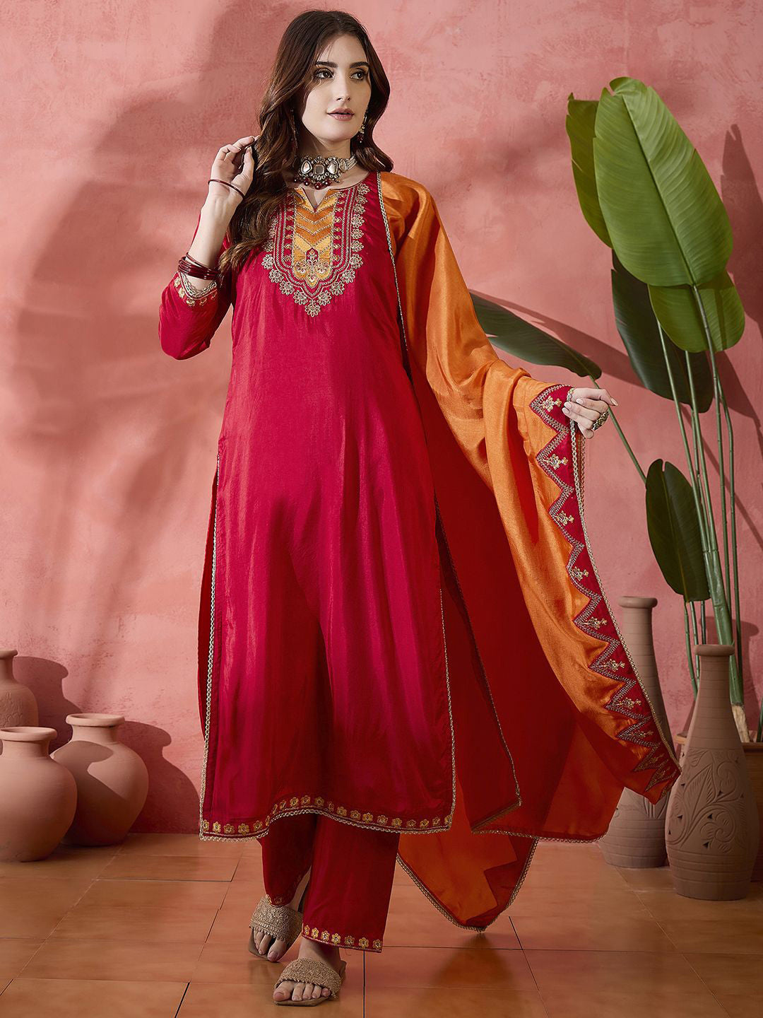 Women Ethnic Motif Embroidered Sequinned Kurta & Trousers With Dupatta