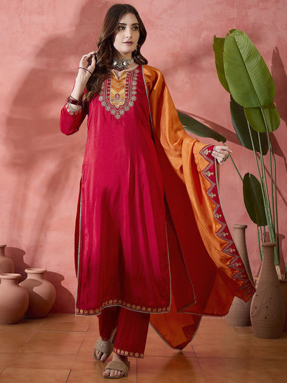 Women Ethnic Motif Embroidered Sequinned Kurta & Trousers With Dupatta