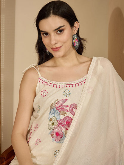 Women Ethnic Motifs Embroidered Regular Thread Work Pure Cotton Kurta with Trousers & With Dupatta