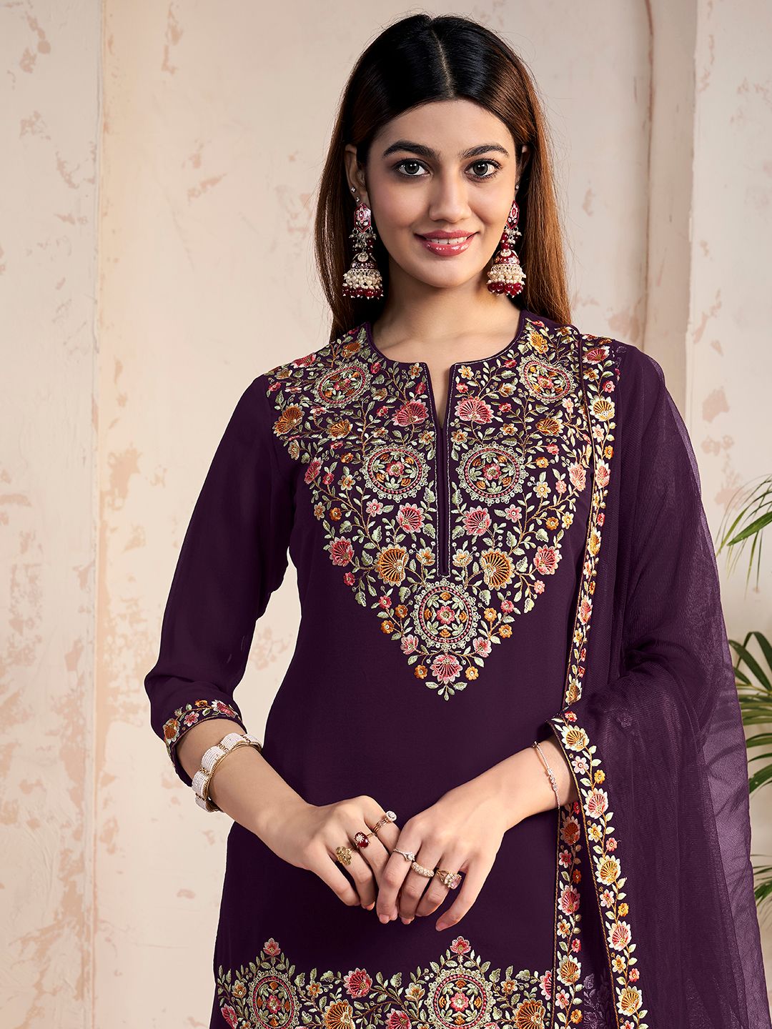 Dhiyona IN Ethnic Motifs Embroidered Thread Work Georgette Kurta With Sharara And Dupatta