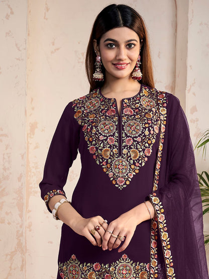 Dhiyona IN Ethnic Motifs Embroidered Thread Work Georgette Kurta With Sharara And Dupatta