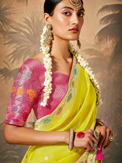 Dhiyona KM Women Vibrant Yellow Saree With Bold Red Blouse