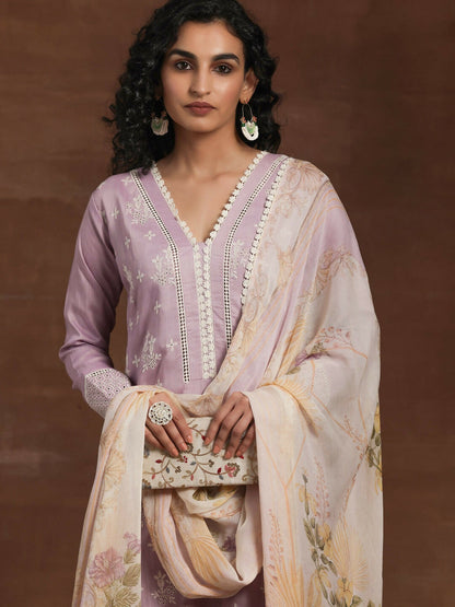 Women's LB Lilac Embroidered Silk Blend Straight Suit With Dupatta