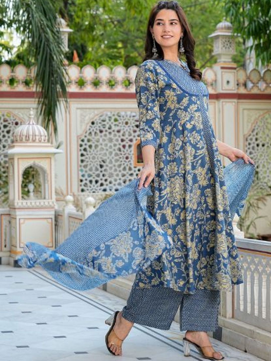 Dhiyona KL Floral Printed Band Collar Kurta with Palazzos & Dupatta
