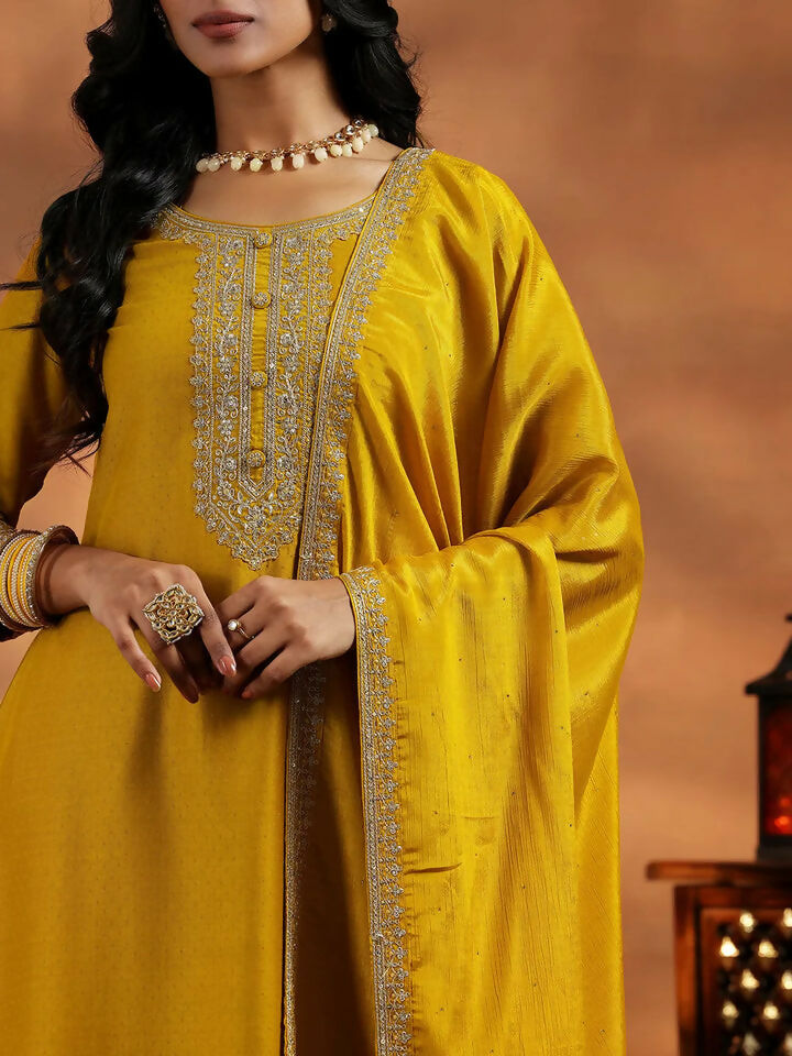 Women's LB Mustard Yoke Design Silk Blend A-Line Kurta With Trousers & Dupatta