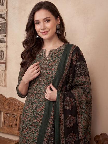 Women Ethnic Motifs Printed Regular Thread Work Pure Cotton Kurta with Trousers & With Dupatta