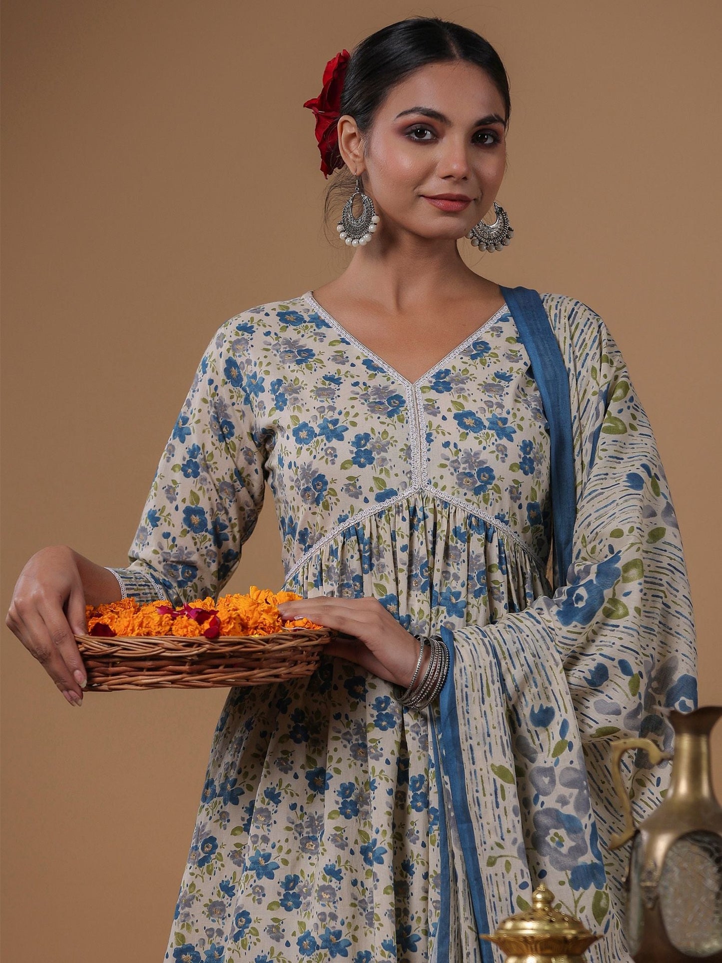 Dhiyona AN Floral Printed Empire Pure Cotton A-Line Kurta with Sharara & Dupatta