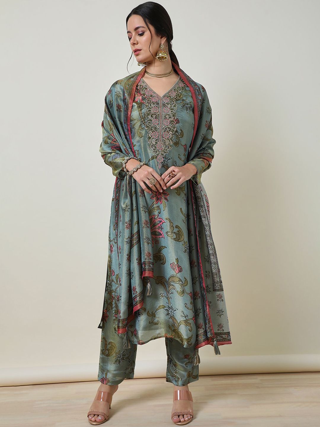 Dhiyona SO Women's Women Ethnic Motifs Embroidered Regular Thread Work Kurta with Trousers & With Dupatta