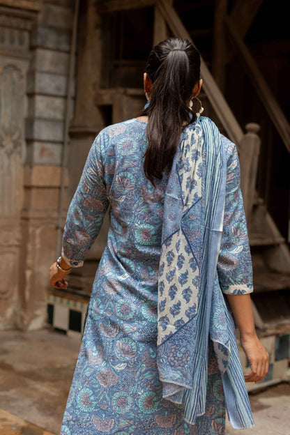 Dhiyona KL Floral Printed Round Neck Sequinned Pure Cotton Kurta With Trousers & Dupatta