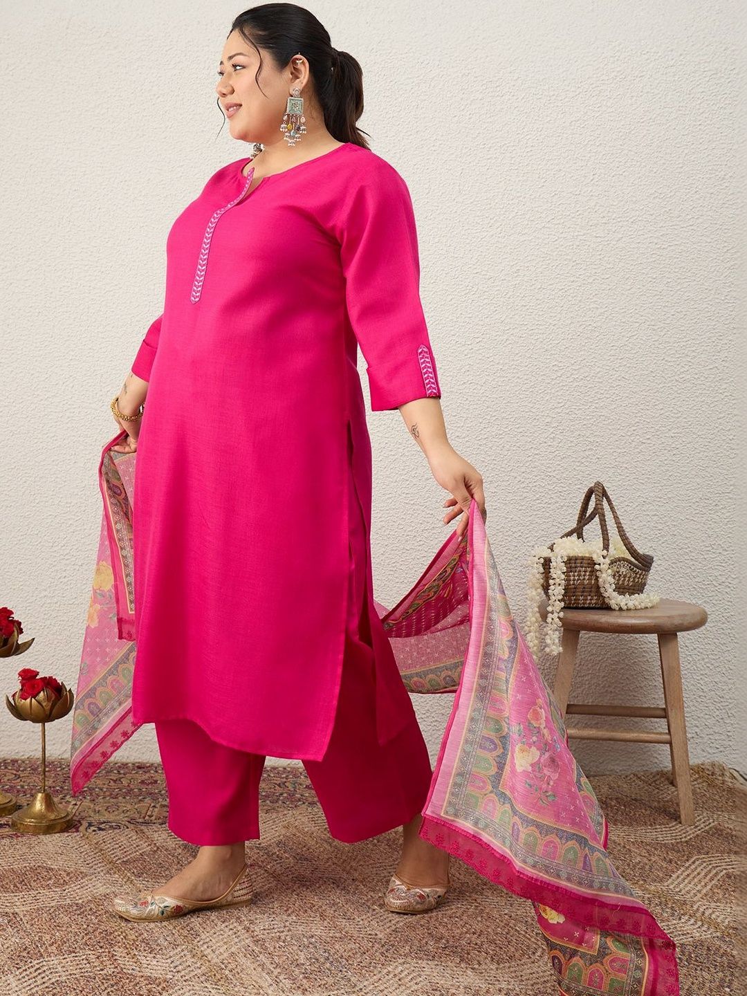 Dhiyona Women's Ethnic Motifs Regular Thread Work Kurta with Palazzos & With Dupatta