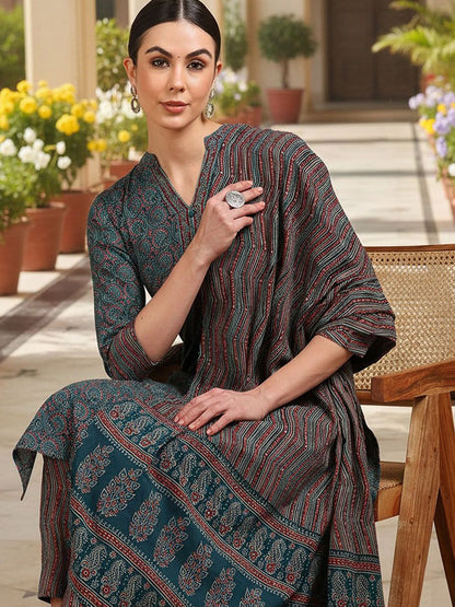 Dhiyona KL Ethnic Motifs Printed Mandarin Collar Kurta With Trousers & Dupatta