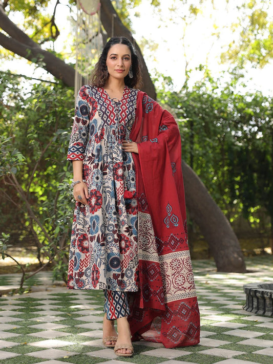 Dhiyona RR Women's Ethnic Motifs Printed Pure Cotton Kurta with Trousers & Dupatta