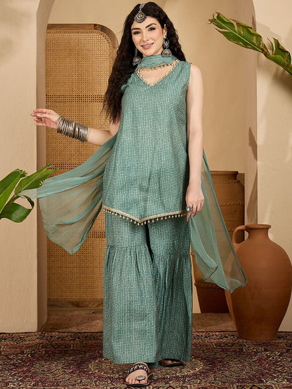 Women BandheJ Printed Asymmetric Short Kurti With Sharara & Dupatta