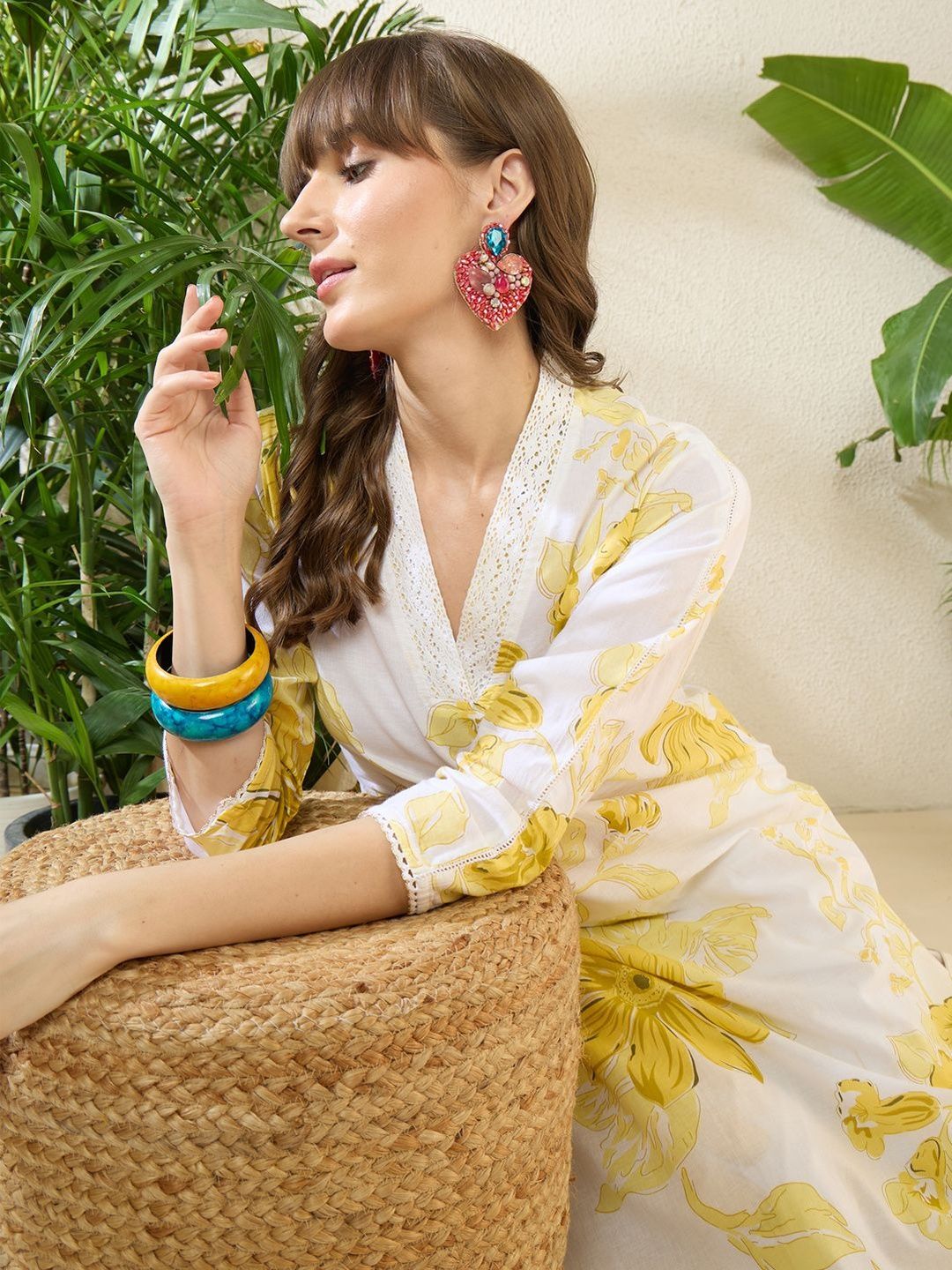 Dhiyona IE Printed V-Neck Three-Quarter Sleeves Pure Cotton Tunic And Trousers