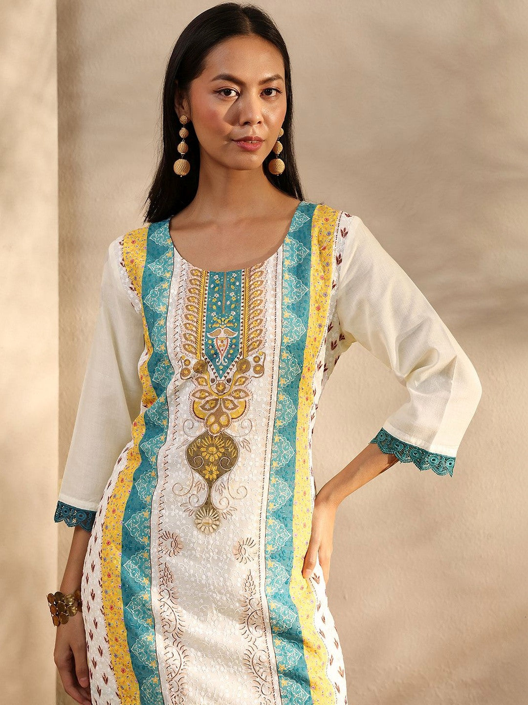 White Printed Straight Suit Set With Dupatta