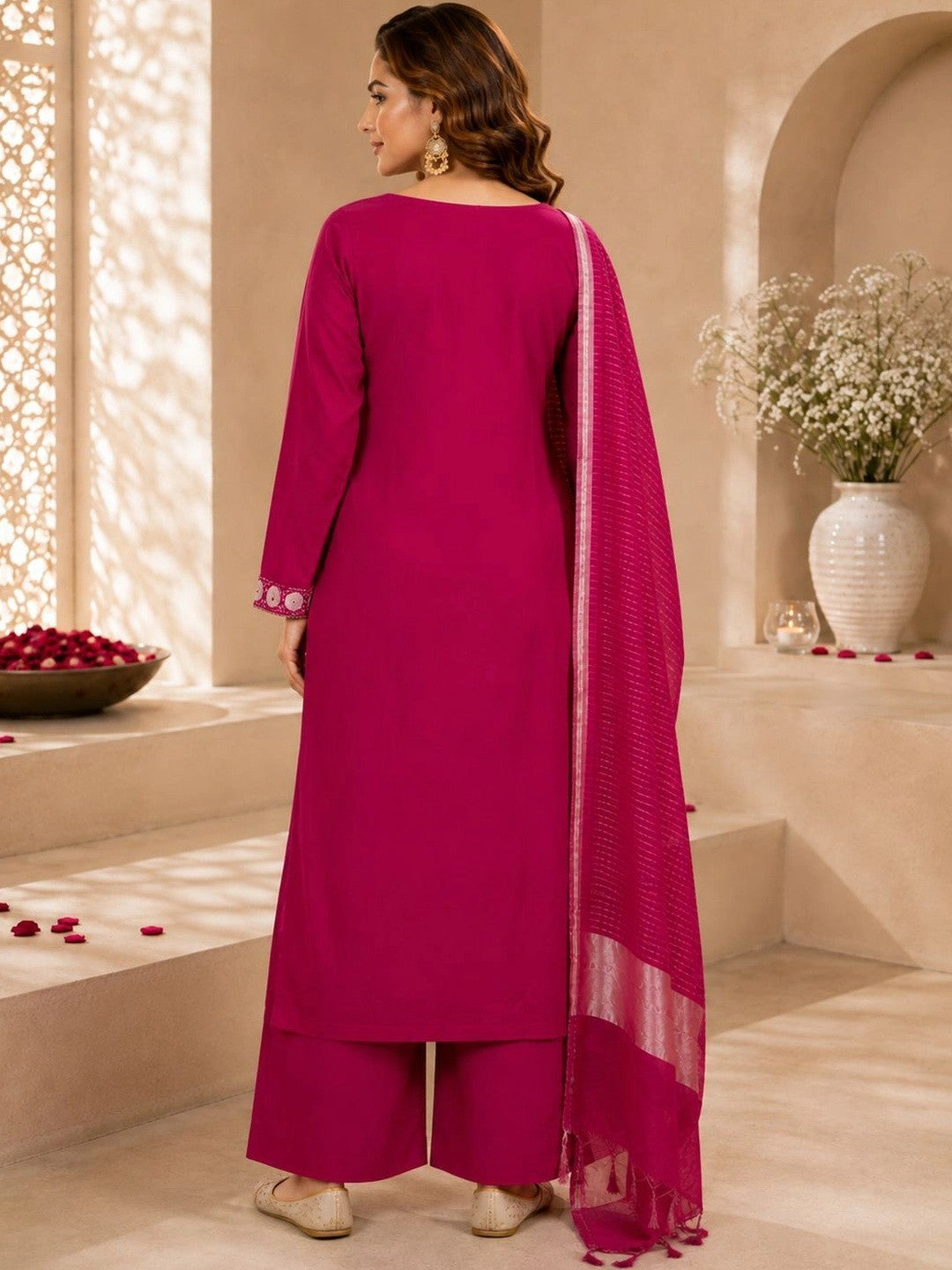 Women Embroidered Regular Thread Work Kurta with Trousers & With Dupatta