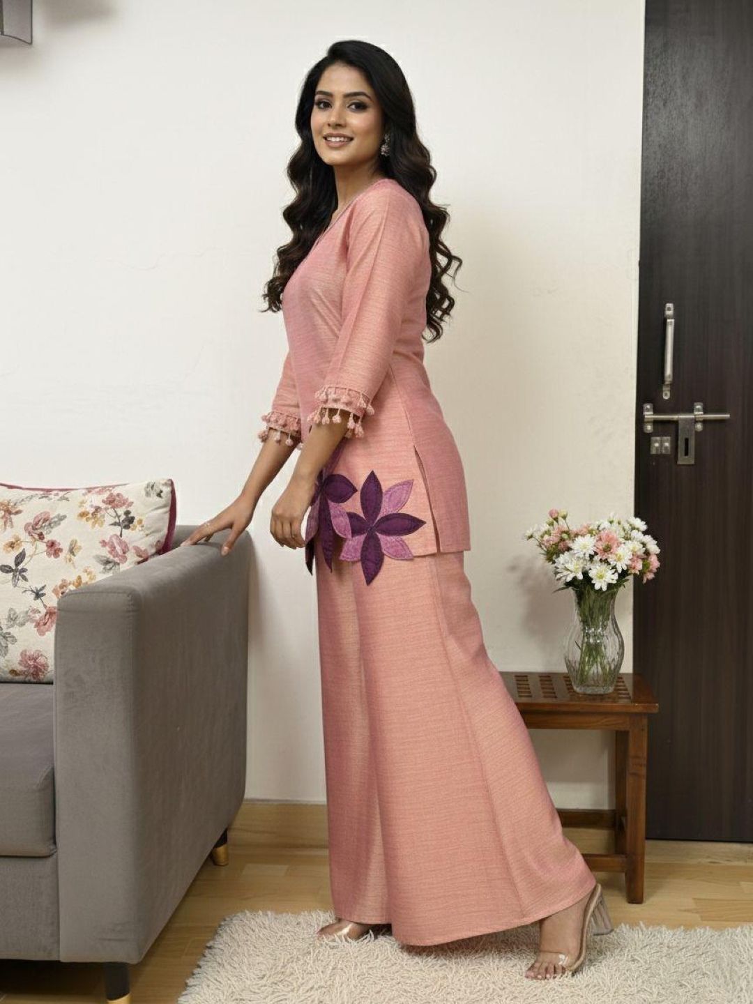 Prisha salmon embroidery co-ord set