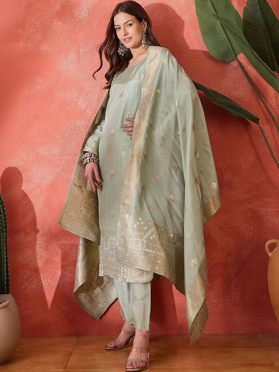 Woven Design Round Neck Straight Kurta With Trousers And Dupatta