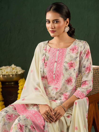 Dhiyona KL Women Floral Embroidered Thread Work Kurta with Sharara & Dupatta