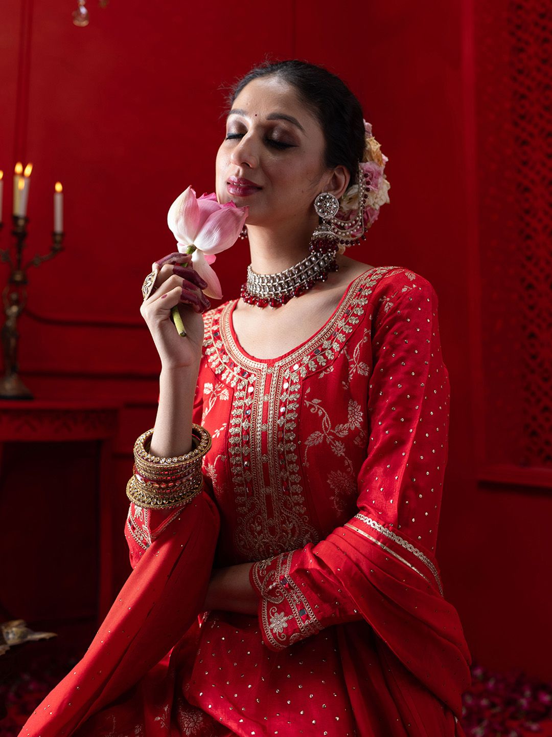 Dhiyona CH Floral Embroidered Panelled Anarkali Kurta with Trousers & Dupatta