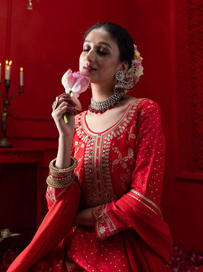 Dhiyona CH Floral Embroidered Panelled Anarkali Kurta with Trousers & Dupatta