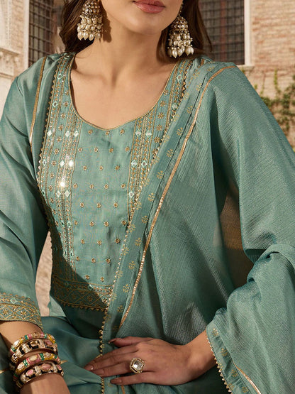 Dhiyona KL Ethnic Motifs Embroidered Panelled Kurta with Palazzos & With Dupatta