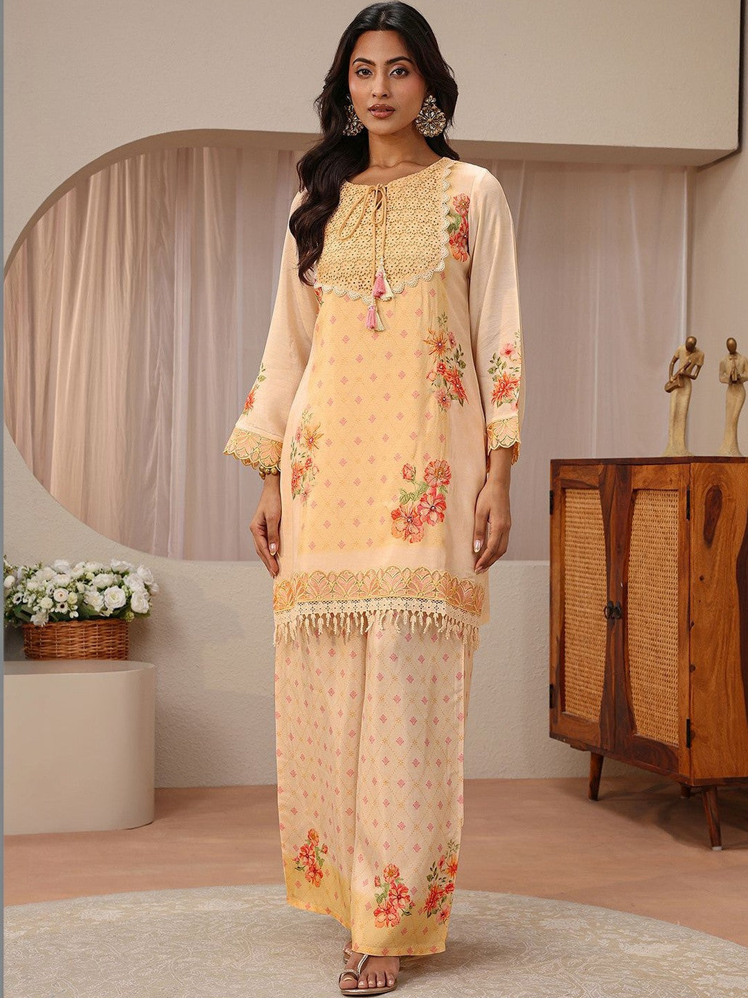 Peach Floral Printed Straight Kurta Set