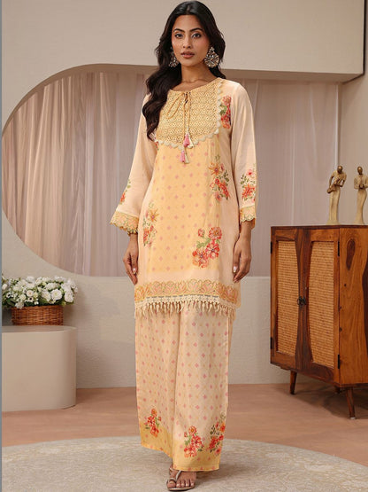 Peach Floral Printed Straight Kurta Set
