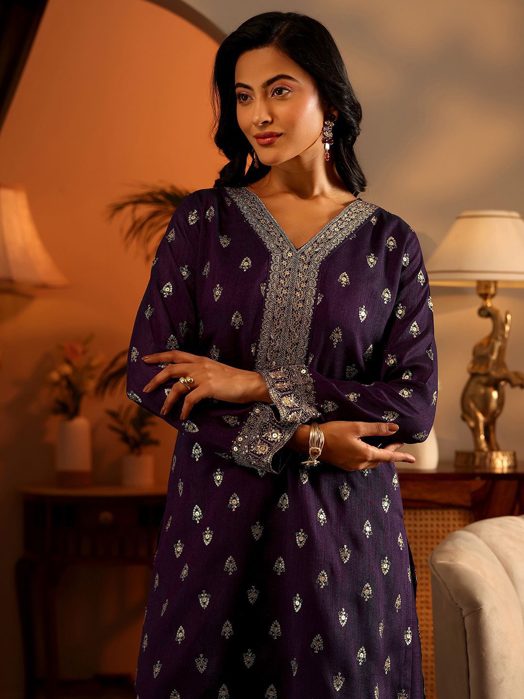 Dhiyona LL Ethnic Motifs Embroidered Sequnnied Straight Kurta With Sharara & Dupatta
