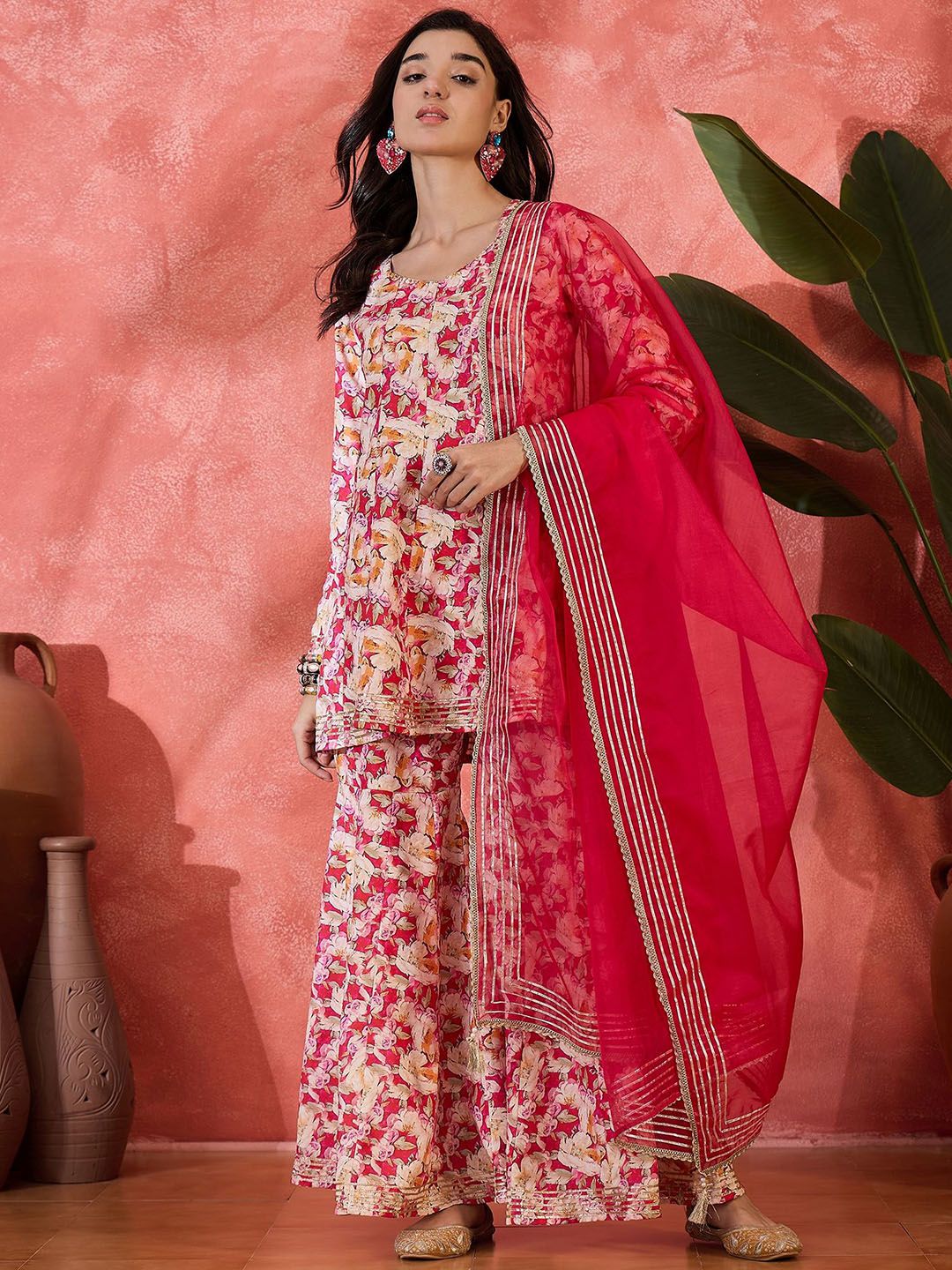 Dhiyona SN Floral Printed Gota Patti Anarkali Kurti With Sharara Dupatta