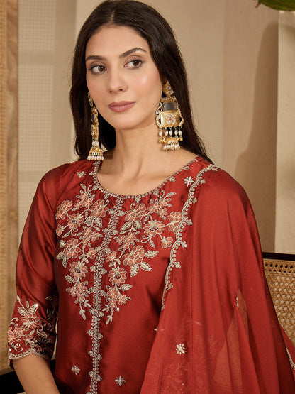 Embroidered Round Neck Straight Kurti & Sharara With Dupatta