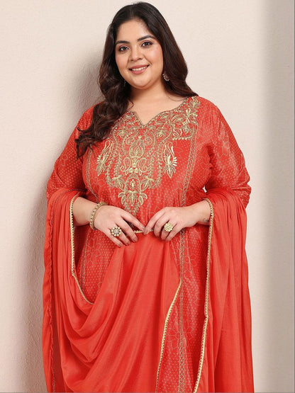 Dhiyona Women's Plus Size Ethnic Motifs Regular Kurta with Palazzos & With Dupatta