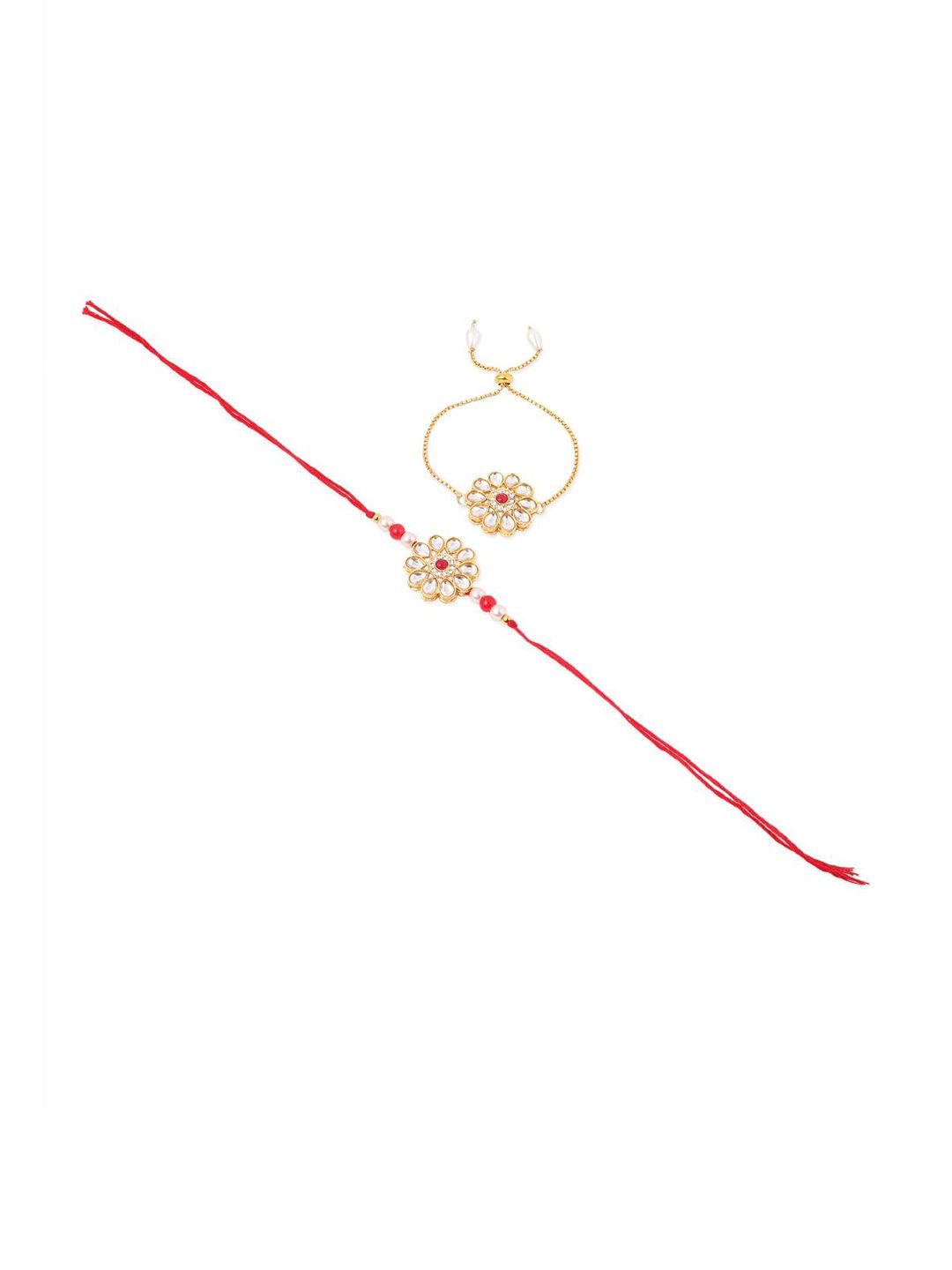 Dhiyona Set Of 2 Gold Toned Kundan Floral Design Bhaiya Bhabhi Rakhi Set With Roli Chawal