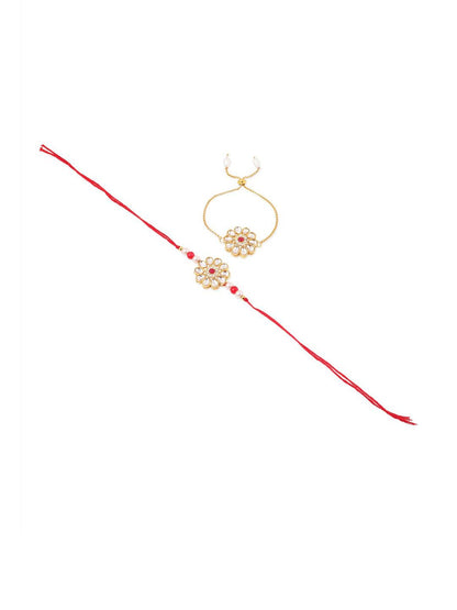 Dhiyona Set Of 2 Gold Toned Kundan Floral Design Bhaiya Bhabhi Rakhi Set With Roli Chawal