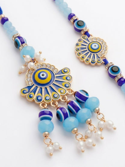 Dhiyona Set Of 2 Blue Evil Eye Artificial Beads Bhaiya Bhabhi Rakhi With Roli Chawal