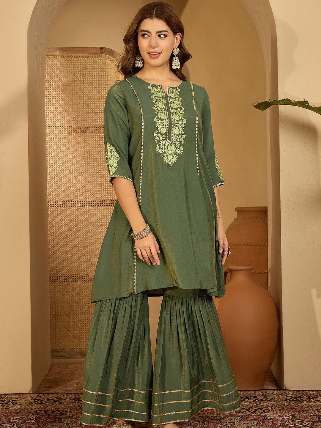 Women Olive Embroidered Kurta Sets With Dupatta