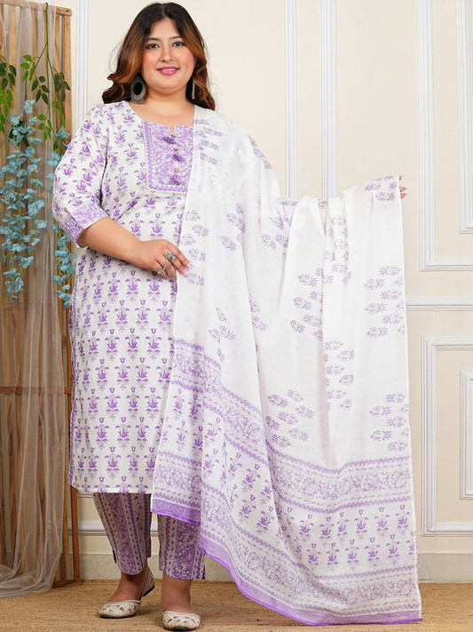 Dhiyona KL Women Plus Size Ethnic Motifs Printed Pure Cotton Kurta with Trousers & Dupatta