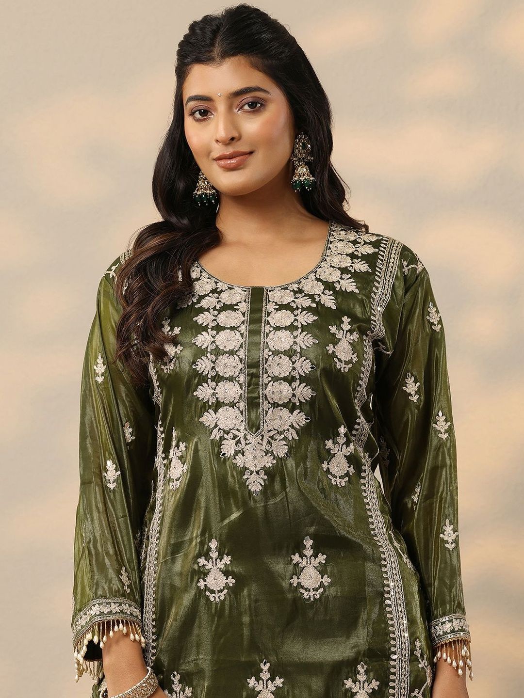 Dhiyona LL Women Ethnic Motifs Embroidered Regular Thread Work Kurta with Sharara & Dupatta