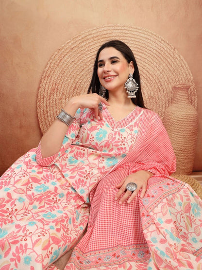 Women Floral Printed Regular Pure Cotton Kurta with Trousers & With Dupatta