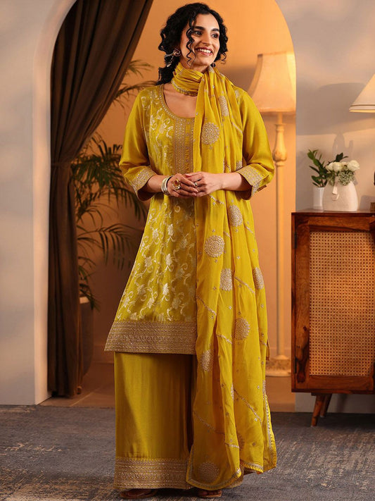 Dhiyona LL Women Ethnic Motif Woven Design Sequinned Kurta with Palazzos & Dupatta