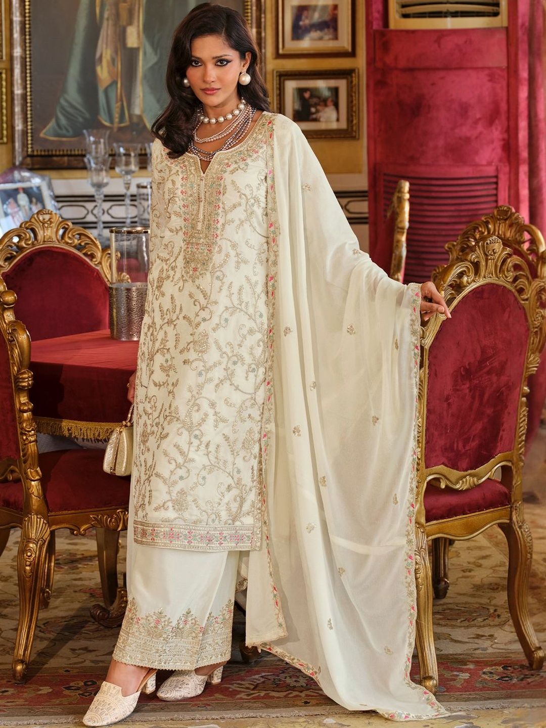 Dhiyona IE Women Ethnic Motifs Embroidered Regular Thread Work Kurta with Palazzos & Dupatta