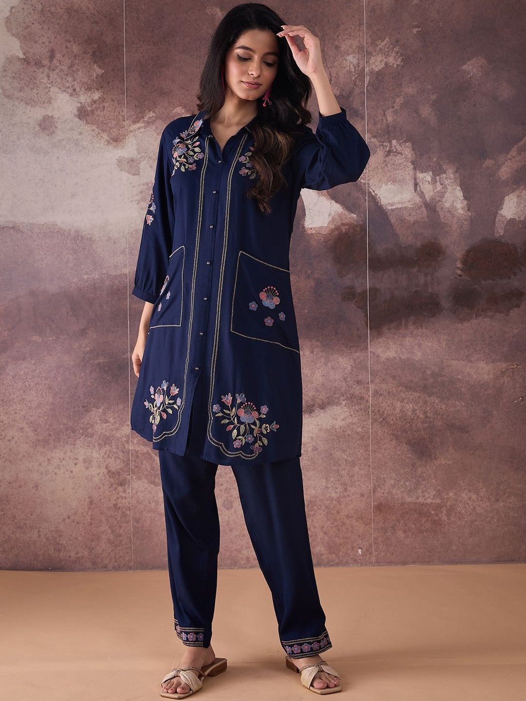 Floral Embroidered Thread Work Pure Cotton Kurta With Trousers