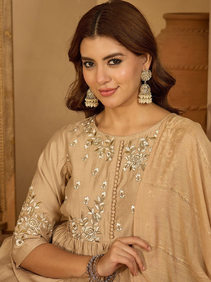 Women Beige Embroidered Kurta Sets With Dupatta