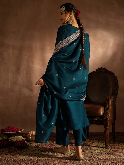 Women's Teal Embroidered Straight Kurta Trousers With Dupatta set