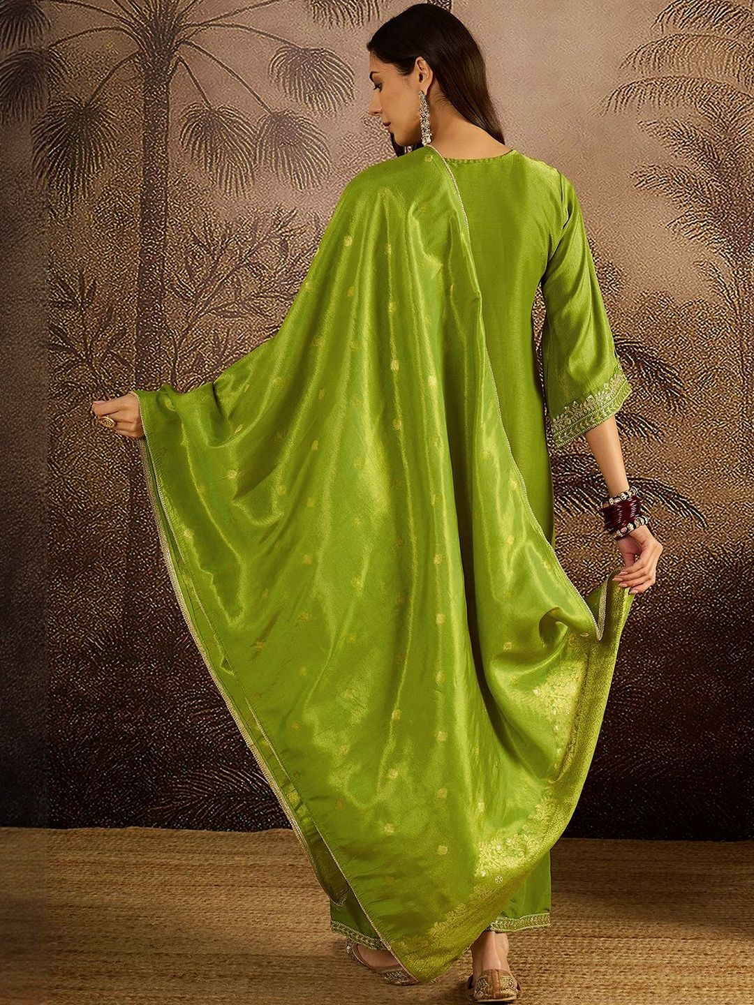 Dhiyona SN Floral Embroidered V-Neck Sequinned Kurta With Palazzos & Dupatta