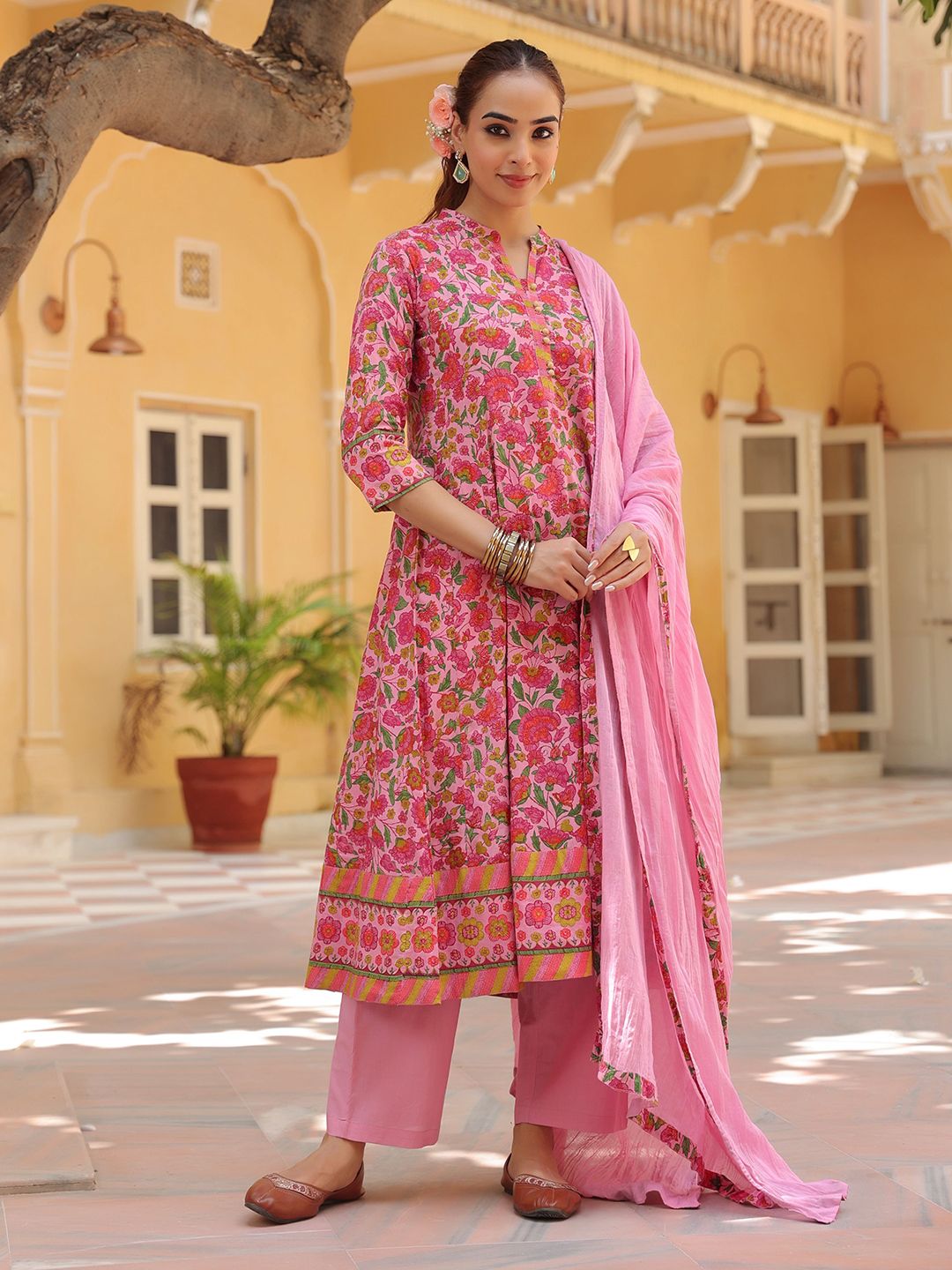 Dhiyona RR Women's Floral Printed Regular Pure Cotton Kurta with Trousers & With Dupatta