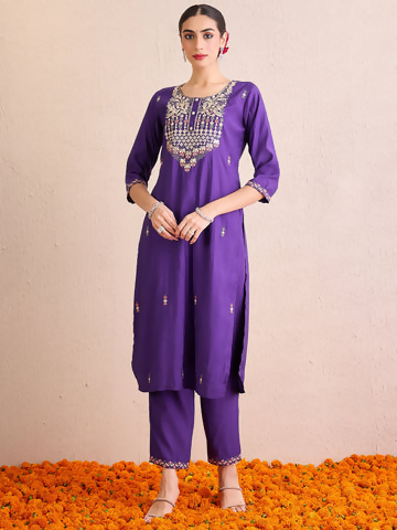 Women's Purple Embroidered Straight Kurta Trousers With Dupatta Set