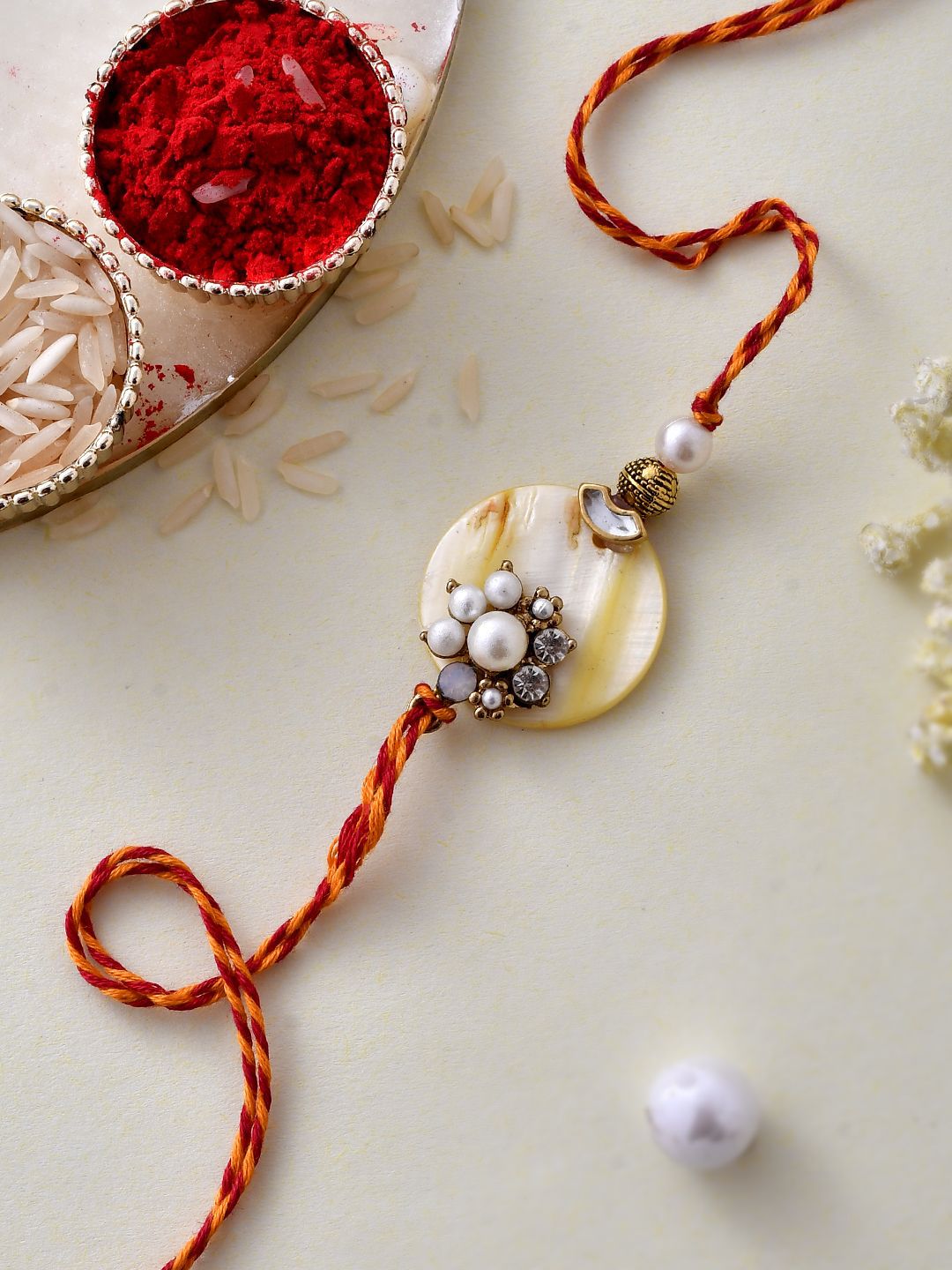Dhiyona White Pearl-Beaded Rakhi With Roli Chawal & Greeting Card