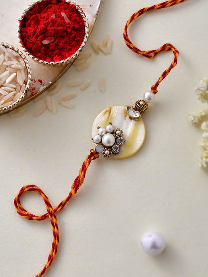 Dhiyona White Pearl-Beaded Rakhi With Roli Chawal & Greeting Card