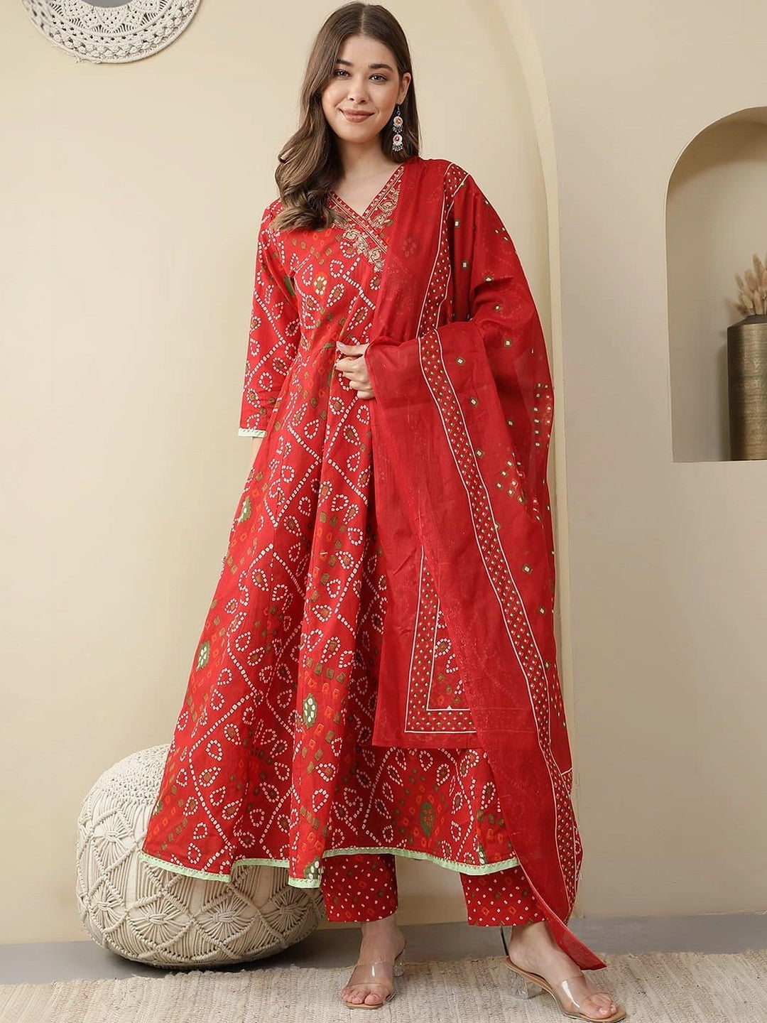 Women Leheriya Printed Angrakha Cotton Kurta with Trousers & Dupatta